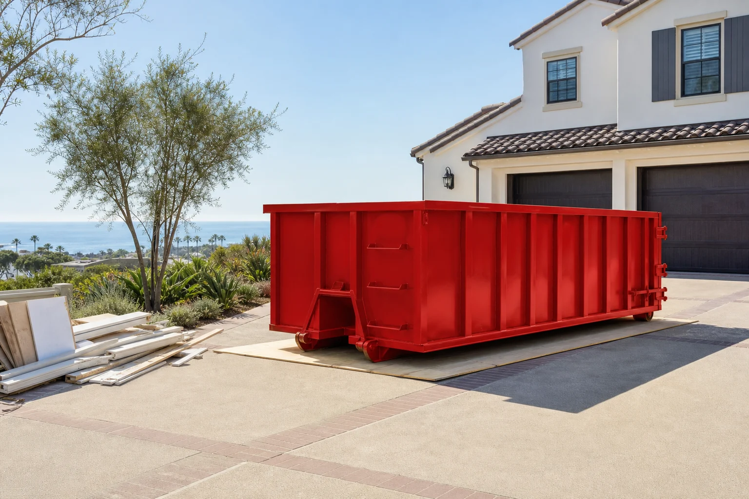 Red roll-off dumpster staged on driveway protection boards for affordable San Diego dumpster rental