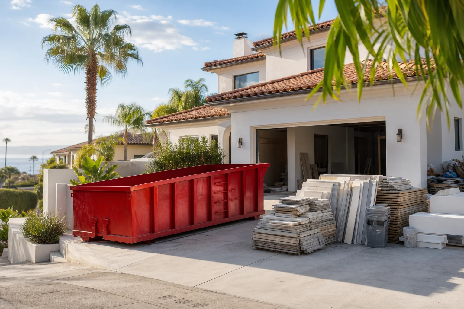 Red roll-off dumpster beside renovation materials for right-sized remodel debris disposal