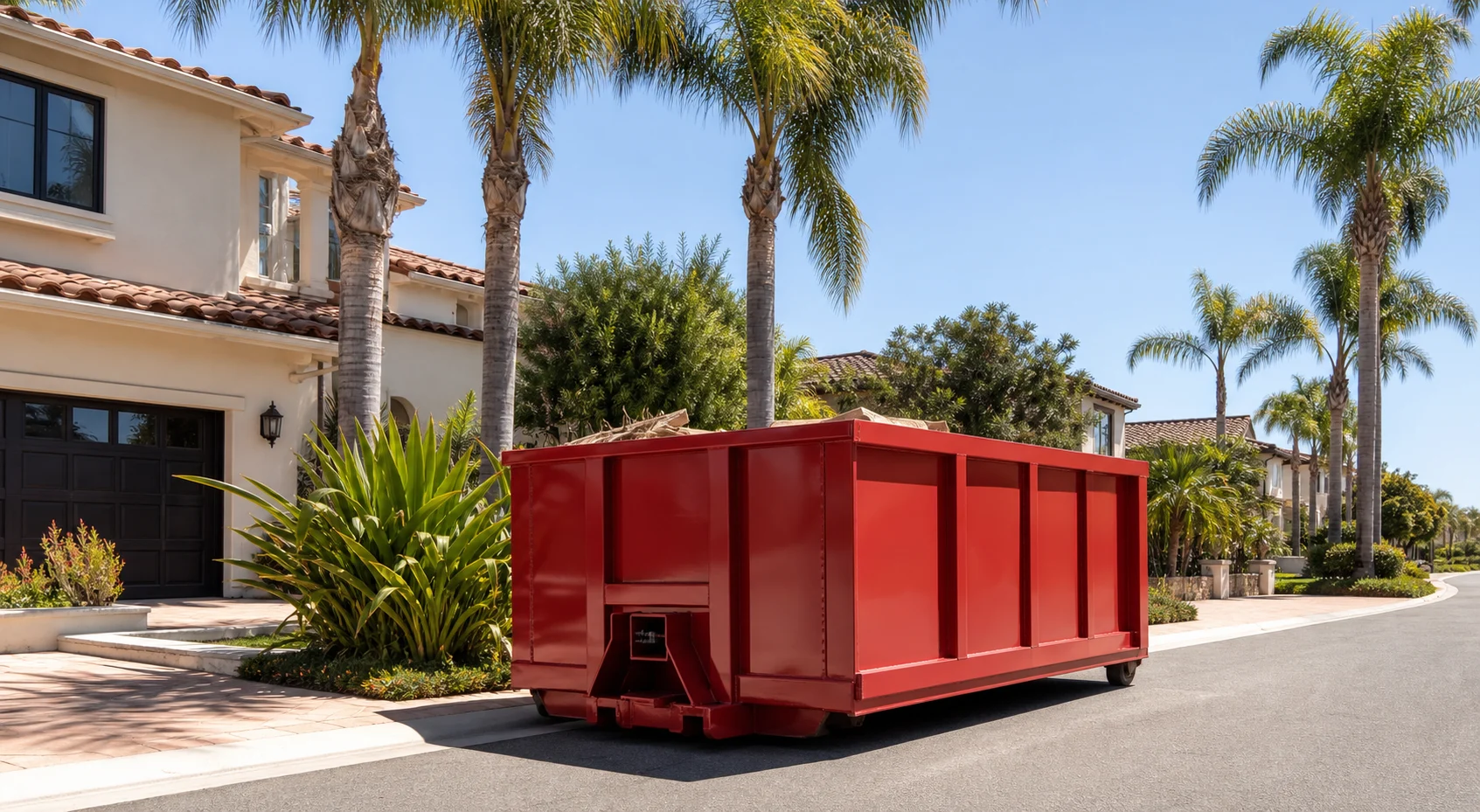 Red roll-off dumpster placed in a sunny San Diego neighborhood service area