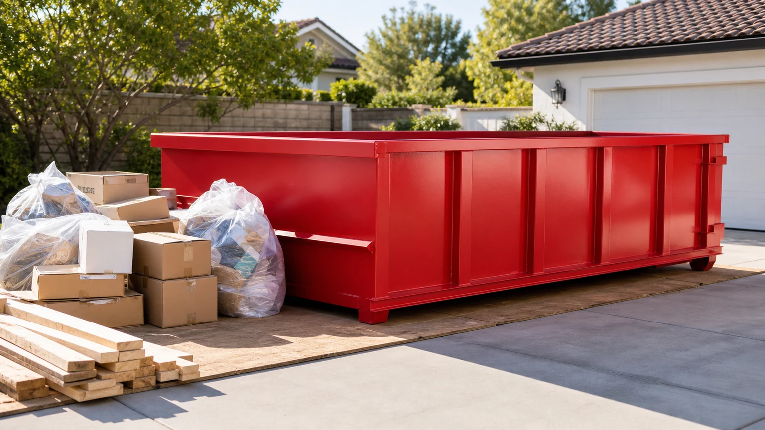 Red roll-off dumpster beside staged boxes bags and clean wood for a complete dumpster quote comparison