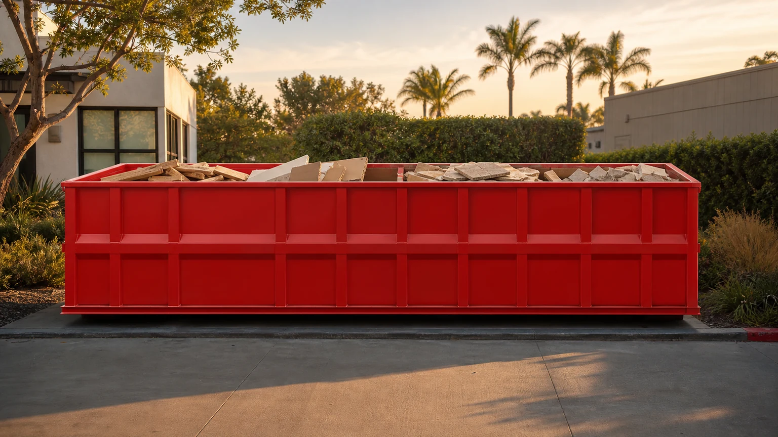 Red roll-off dumpster with contained renovation debris and clear pickup access