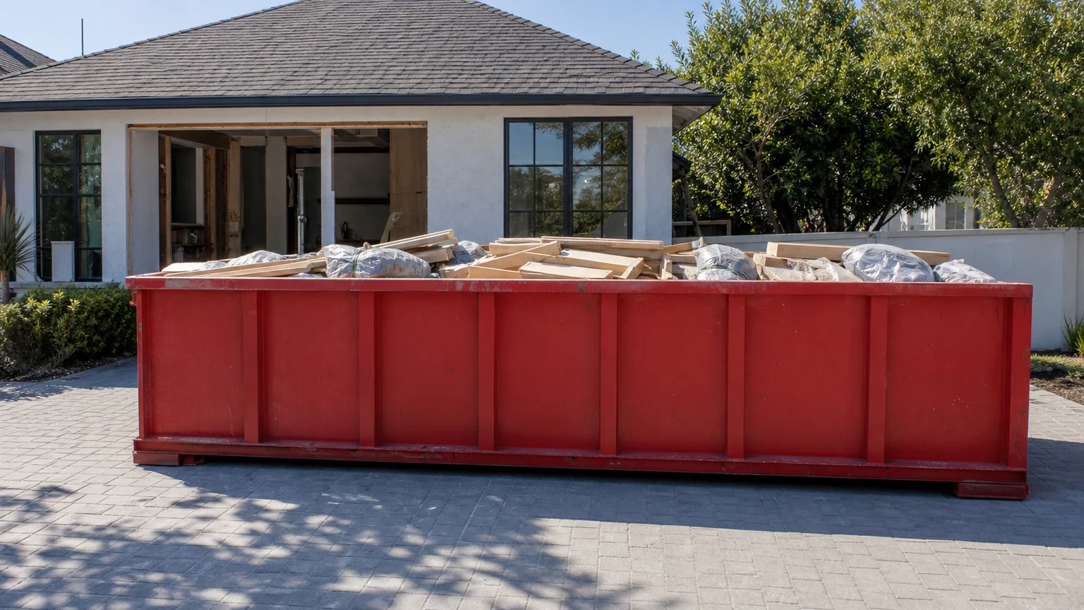 Red roll-off dumpster loaded below the rim with organized home remodeling debris