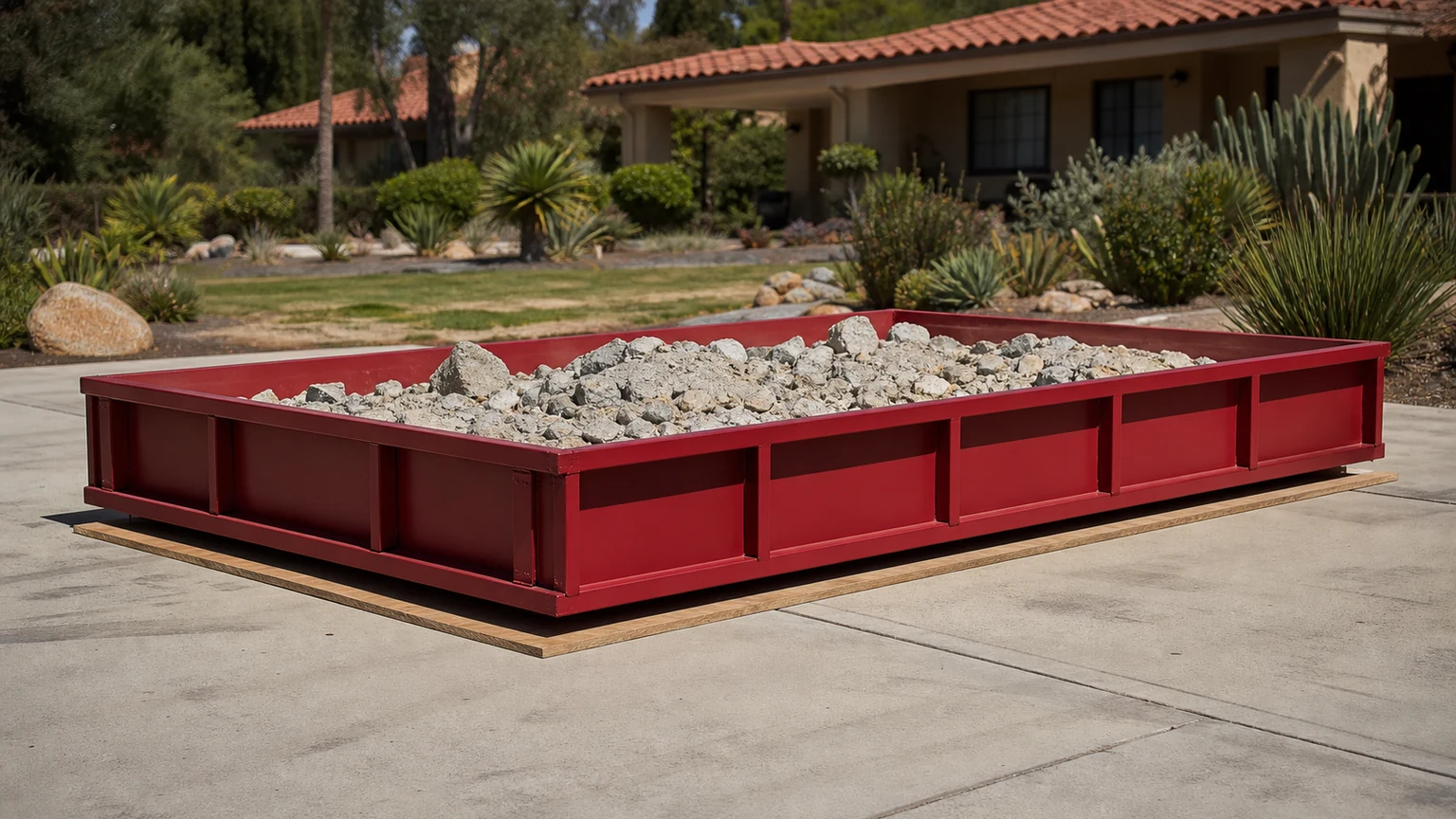 Low-profile red dumpster with clean broken concrete on protective boards at a Bonita residence