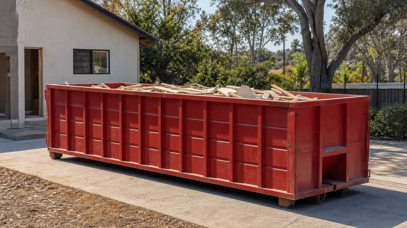 Red construction dumpster with wood and drywall below the rim at a Bonita project
