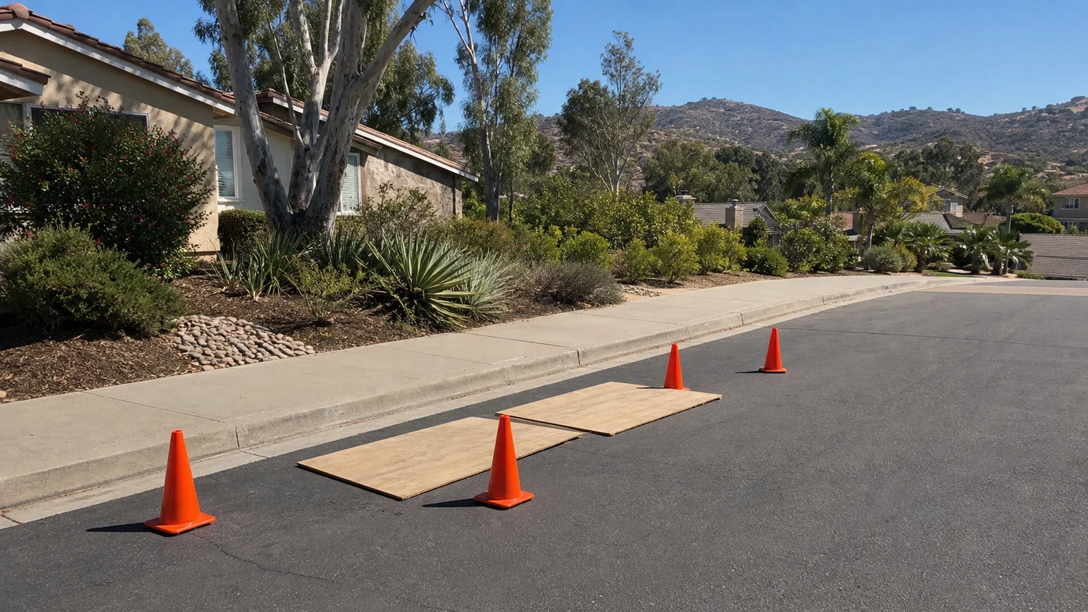 Residential street edge marked with cones for a placement review before dumpster delivery
