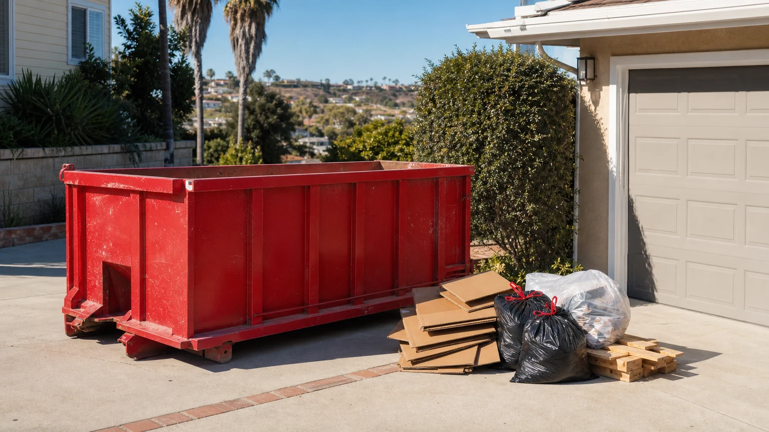 Compact red roll-off dumpster beside a small staged household cleanout on a San Diego driveway