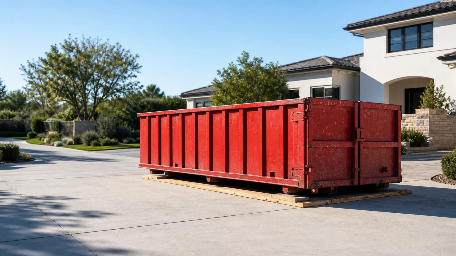 Red roll-off dumpster placed squarely on wood protection with a clear private-driveway access path