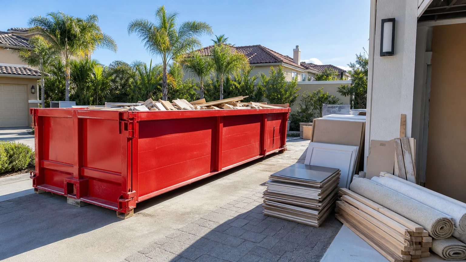Red roll-off dumpster beside organized cabinet, flooring, and remodel debris below the rim