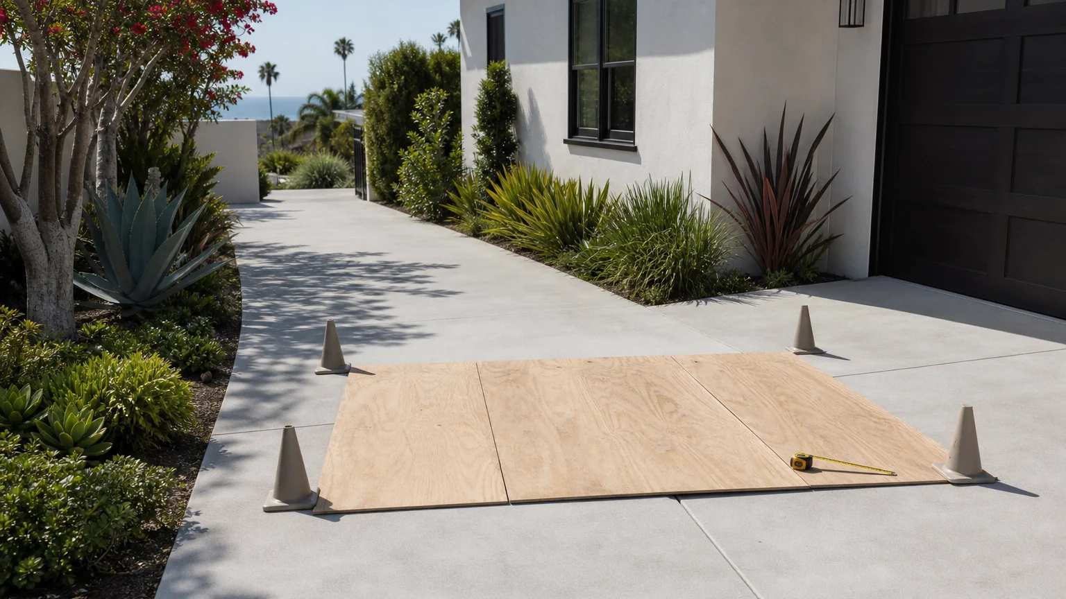 Protective boards and measuring tape marking a driveway placement area