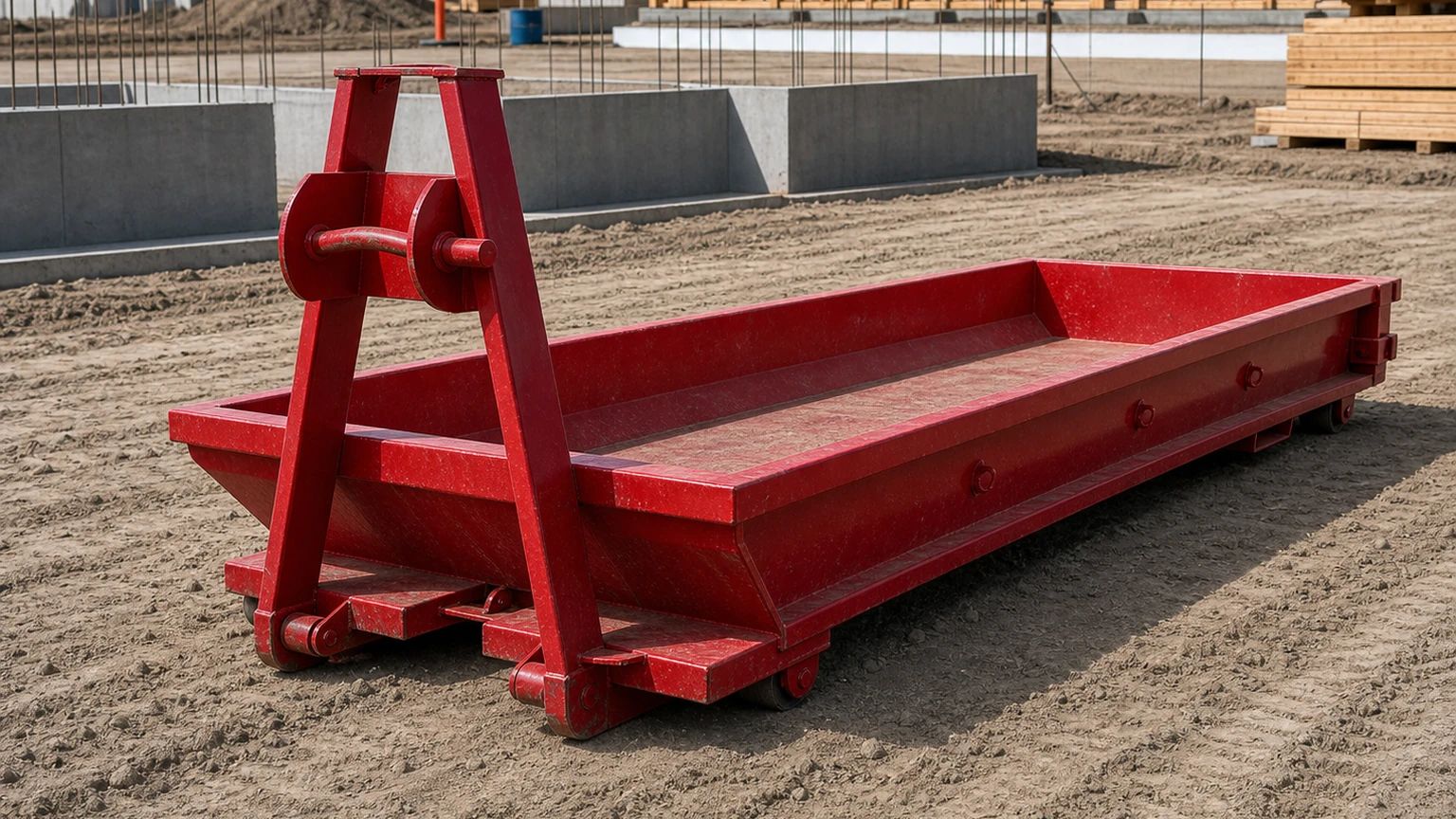 Long shallow red 10-yard lowboy with an 18-foot by 8-foot by 2-foot tray