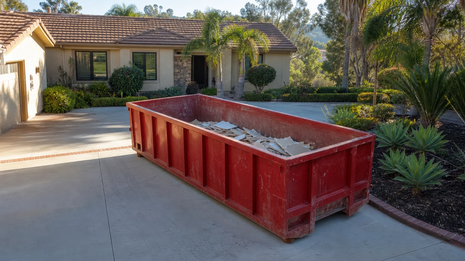 Red roll-off dumpster with a below-rim remodel load