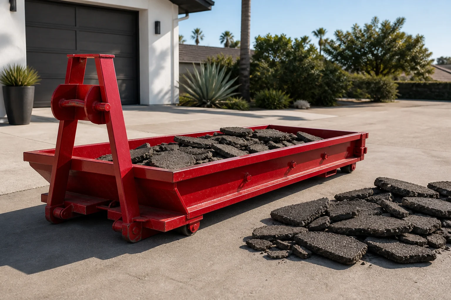Red lowboy dumpster filled with asphalt pieces below the rim