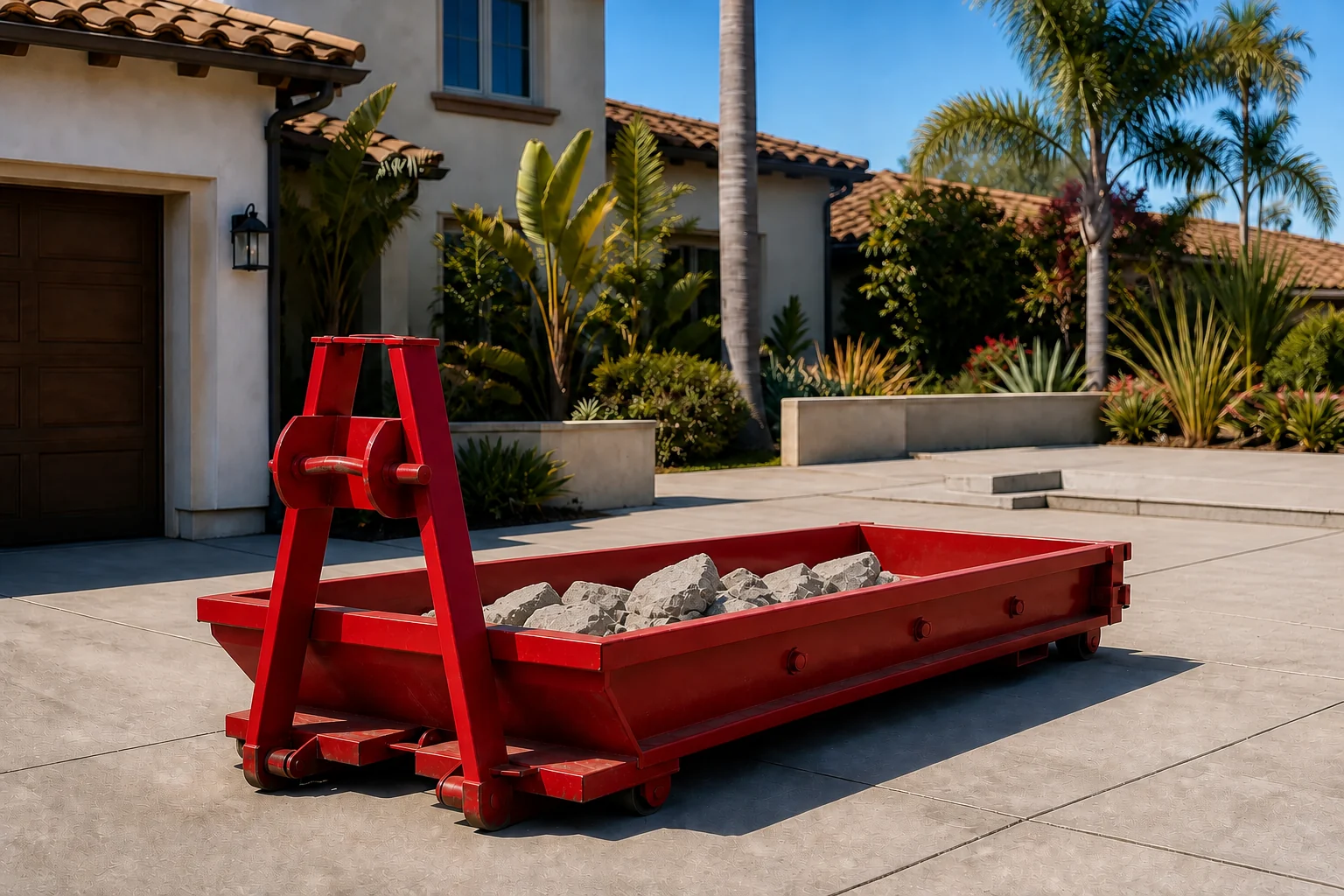 Red lowboy dumpster with clean broken concrete below the rim by a San Diego patio