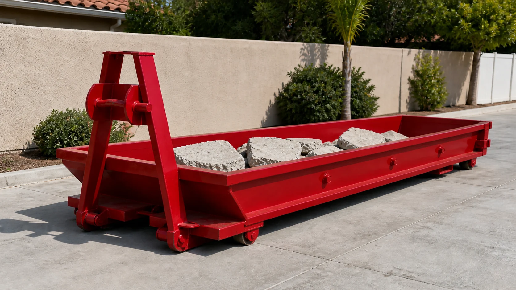 Red 10 yard lowboy dumpster filled with clean broken concrete below the rim