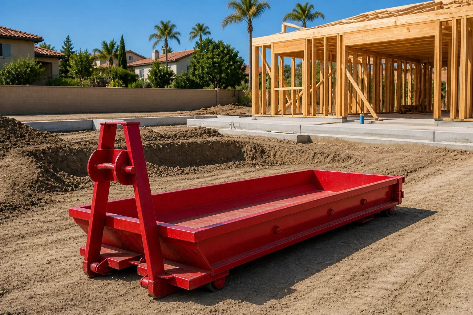 Empty red lowboy dumpster beside a dirt digging job in San Diego