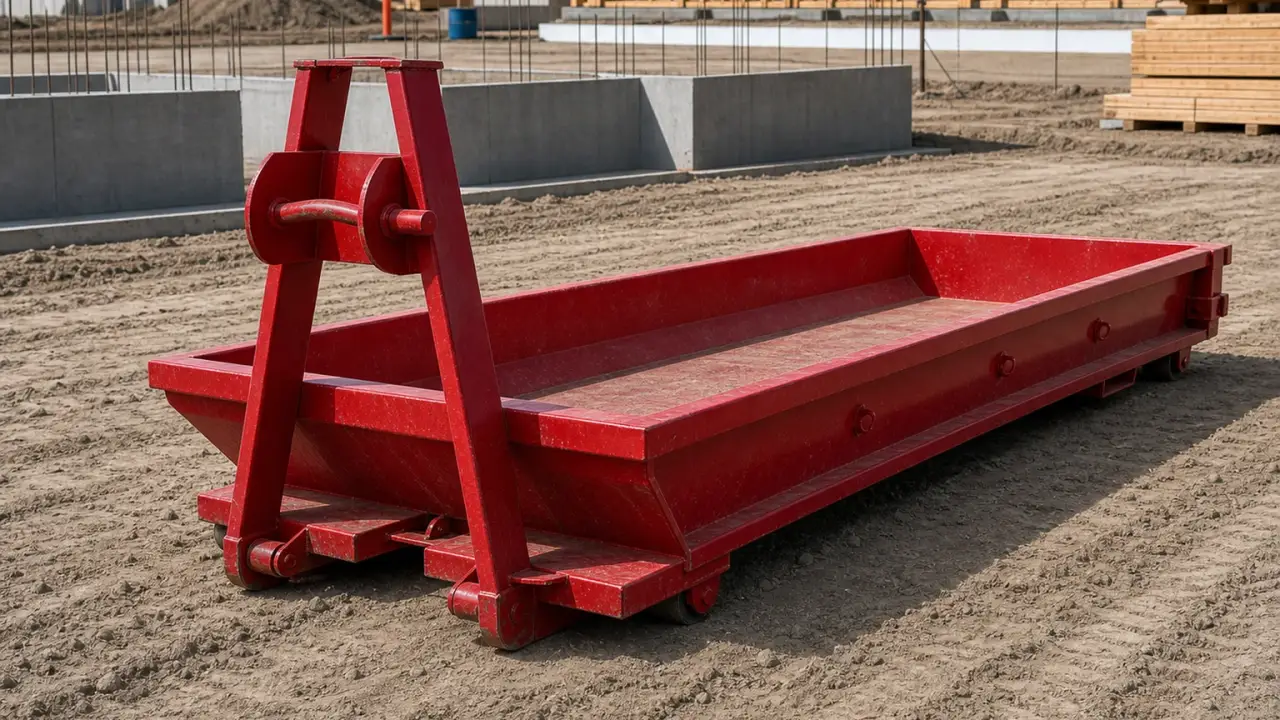 Empty red lowboy dumpster on a clear, level work site in San Diego