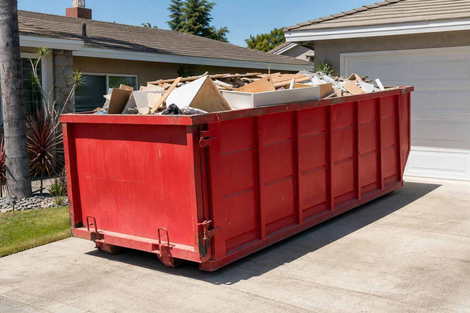 Red 20 yard roll-off dumpster loaded with kitchen and bath construction debris in a San Diego driveway