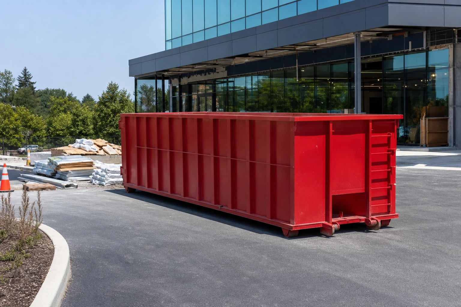 Red 30 yard roll-off dumpster staged at a commercial tenant improvement jobsite