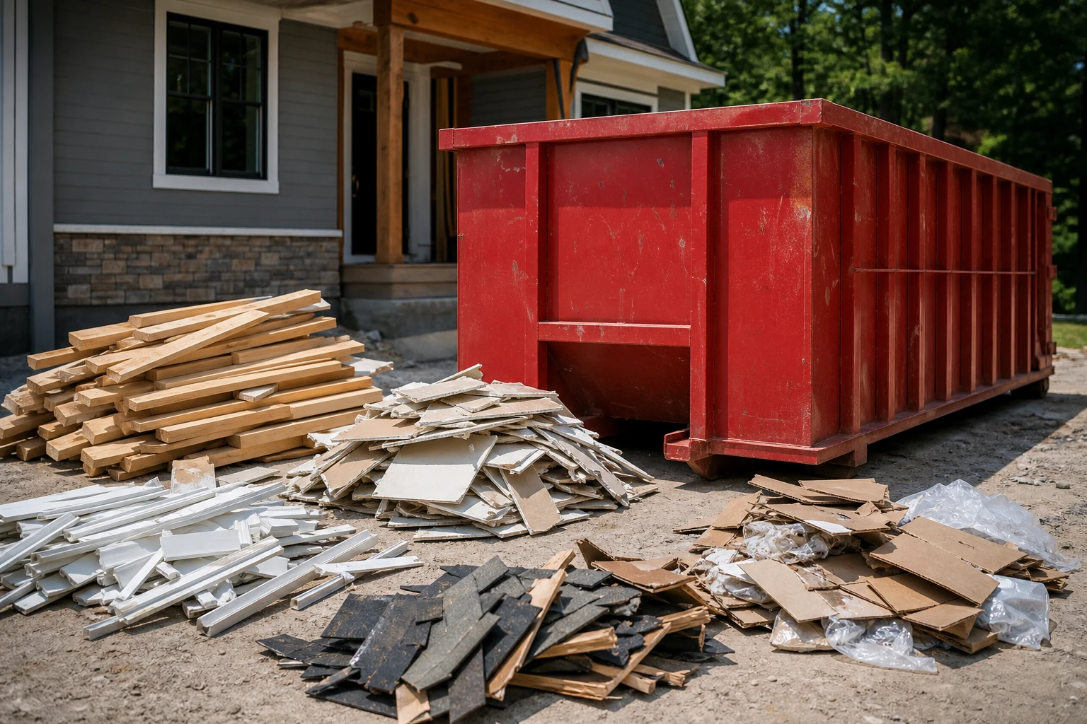 Red roll-off dumpster beside organized lumber, drywall, flooring, trim, and packaging debris
