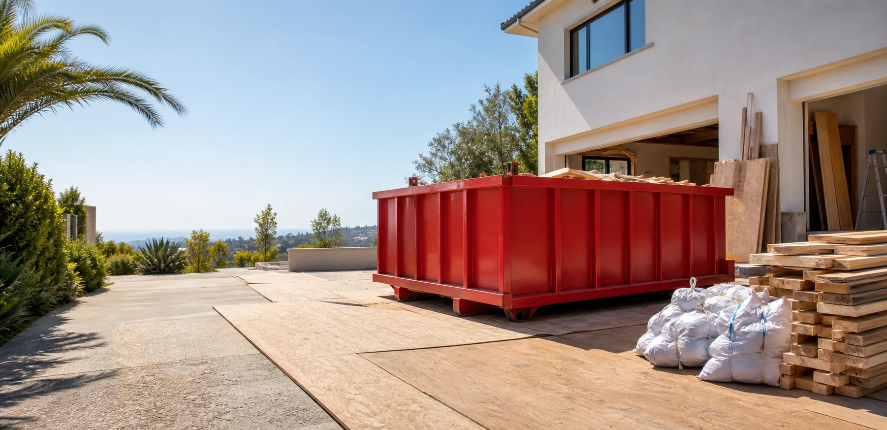 Red Haul’n Off roll-off dumpster at a San Diego construction jobsite