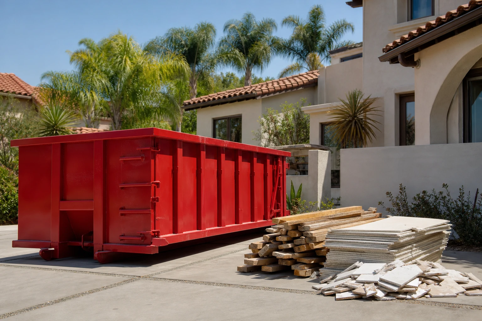 Red roll-off dumpster at a residential renovation in San Diego
