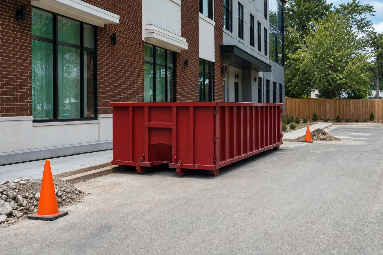 Red roll-off dumpster staged in a clear access lane for construction cleanup pickup