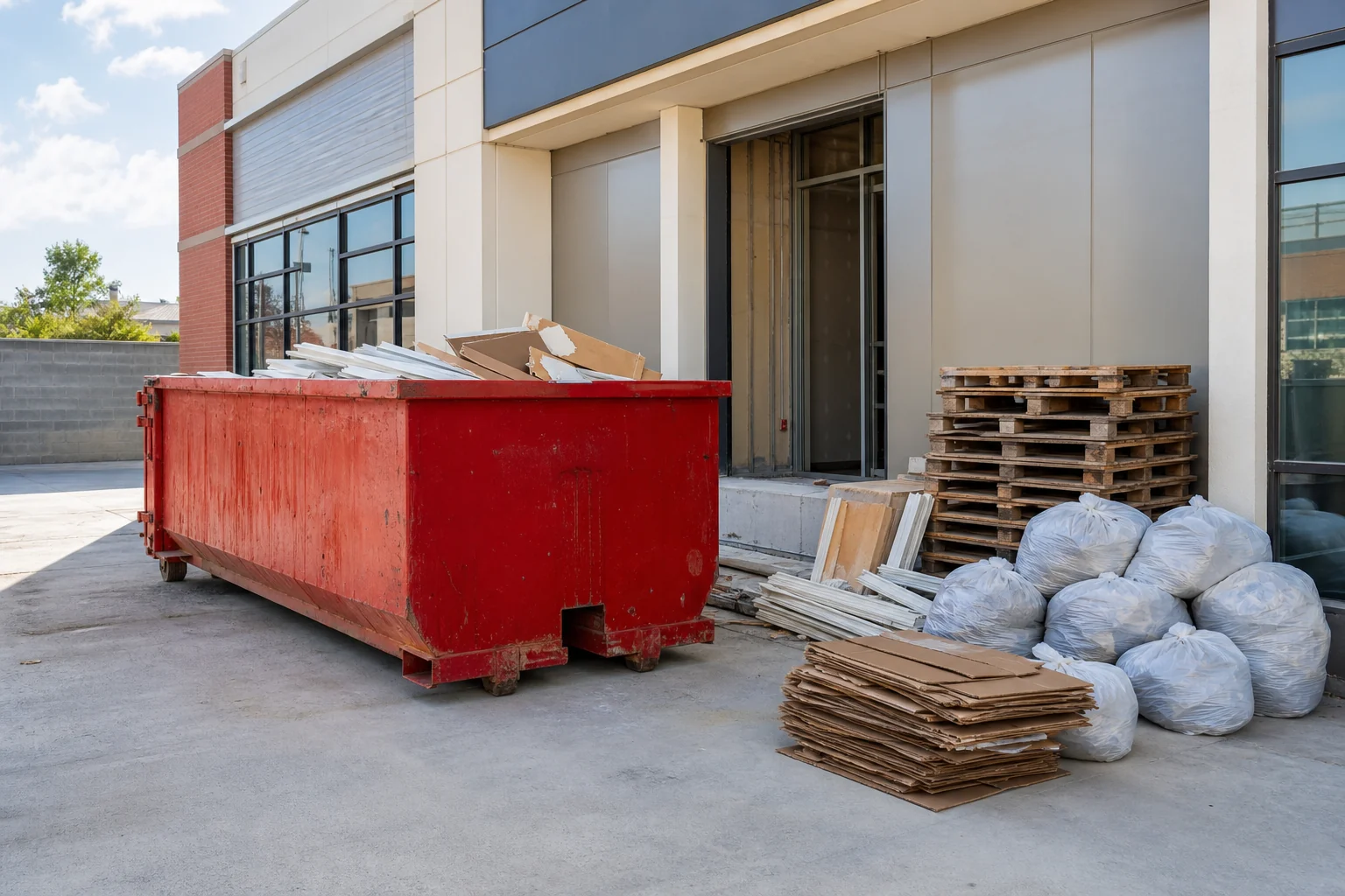 Red roll-off dumpster near commercial tenant-improvement cleanup debris and pallets