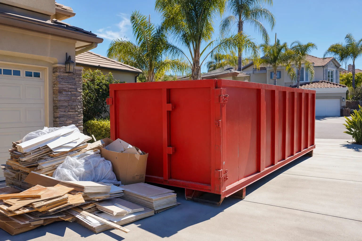 Red roll-off dumpster beside organized residential remodel cleanup debris in a driveway
