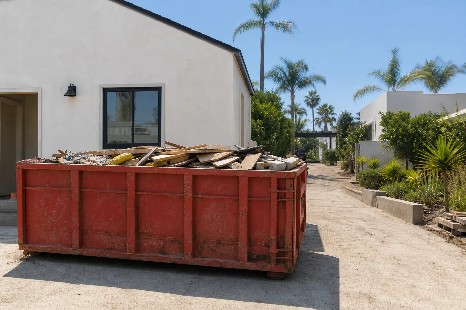 Red roll-off dumpster at a clean San Diego renovation site with organized cleanup debris