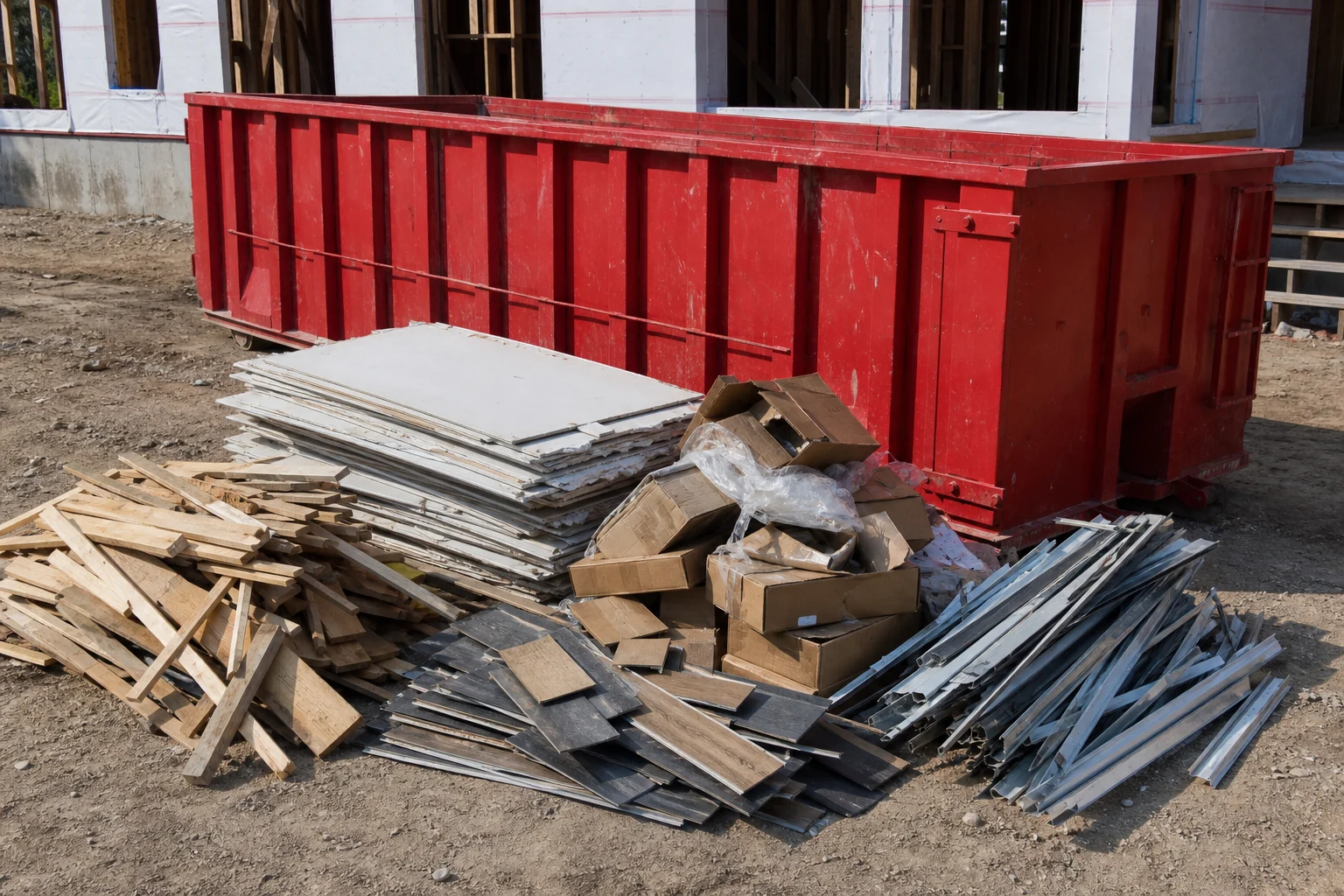 Red roll-off dumpster beside sorted construction debris including lumber drywall flooring and trim