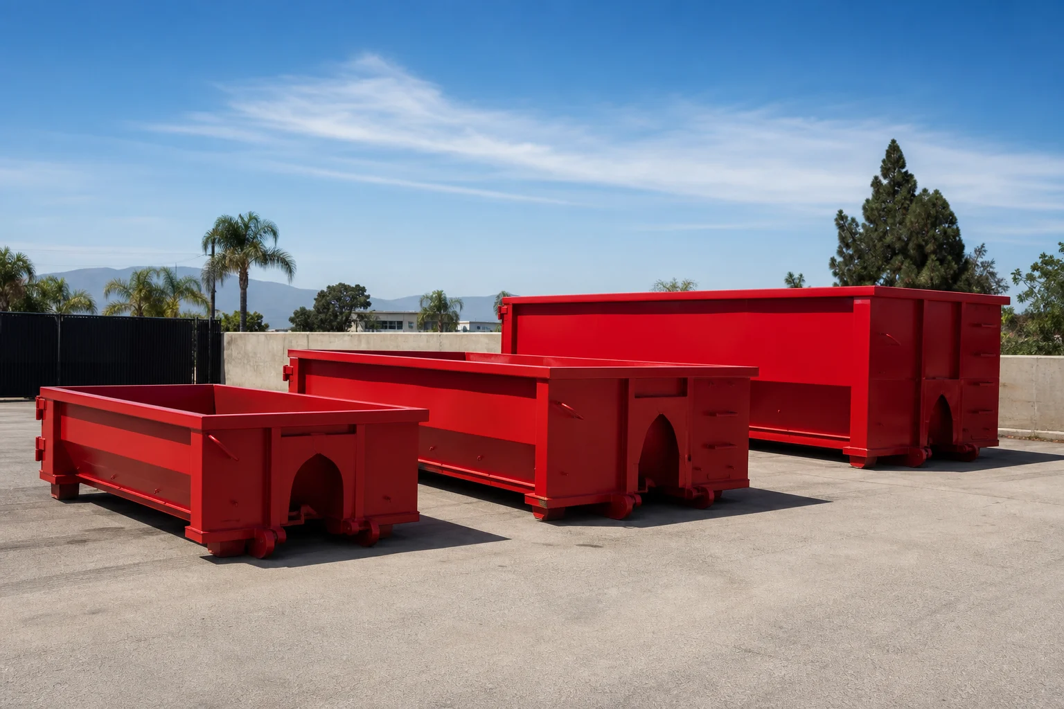 Red roll-off dumpsters staged side by side for dumpster size comparison