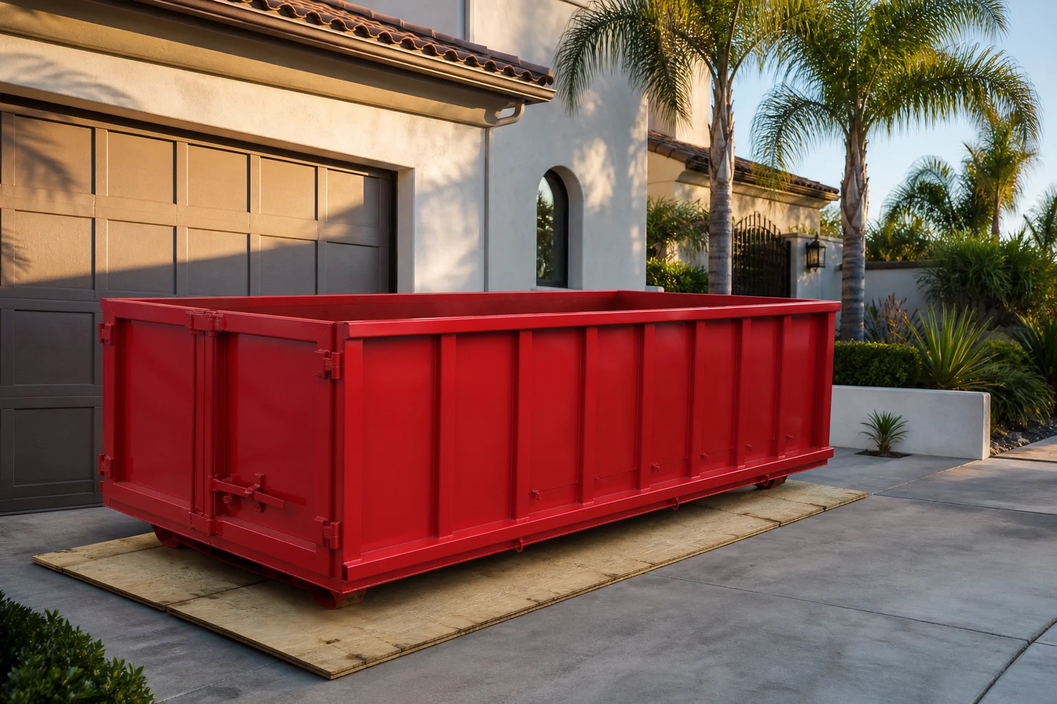 Red roll-off dumpster placed on driveway protection boards at a San Diego home