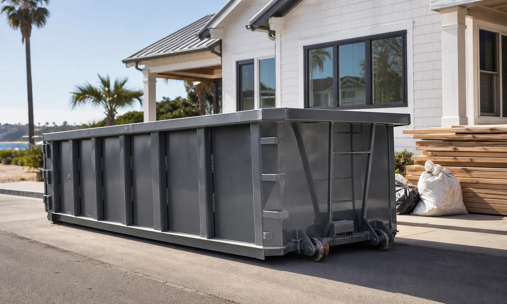 Roll-off dumpster staged beside renovation materials for project quote planning