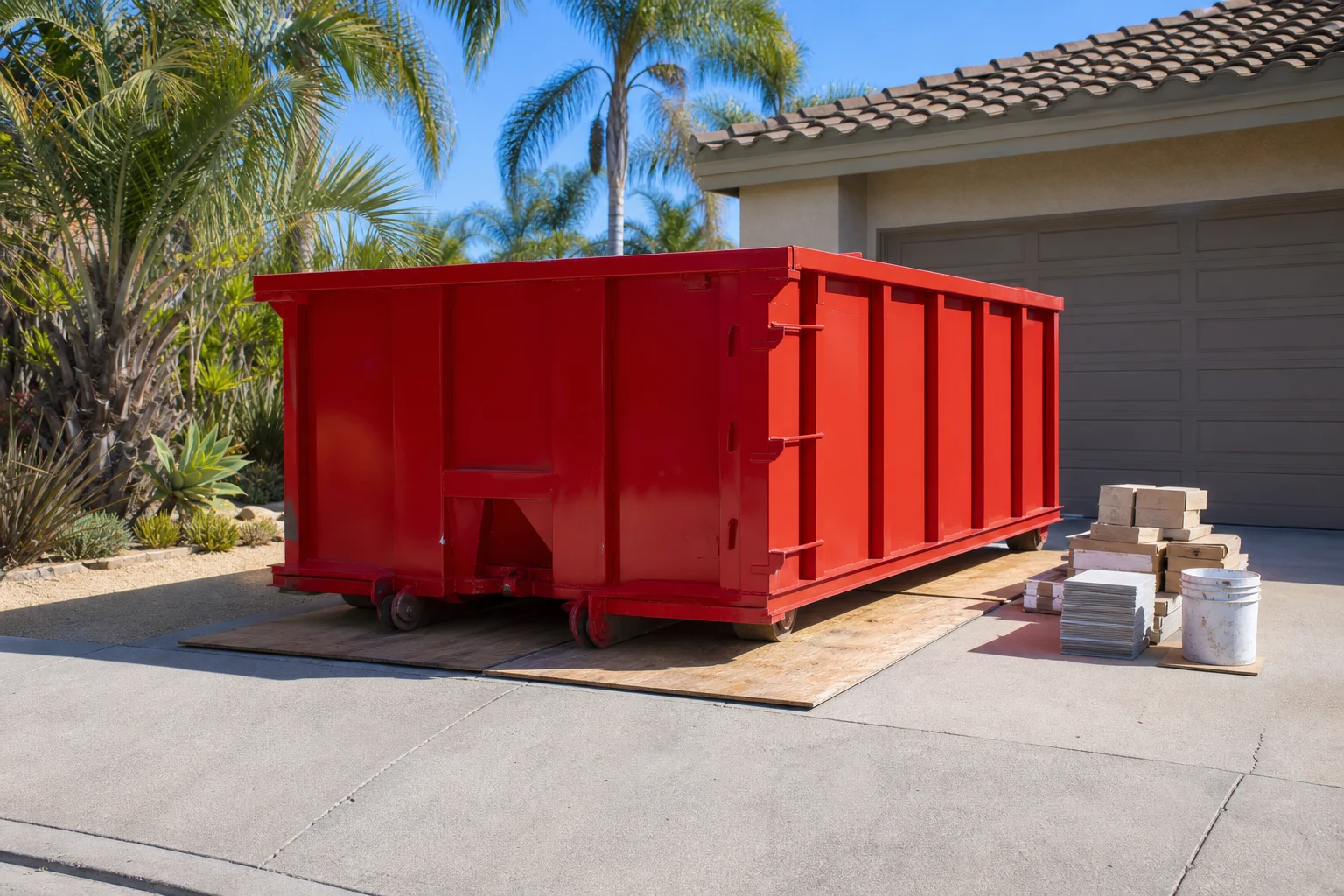 Red roll-off dumpster placed on driveway protection boards for quote planning