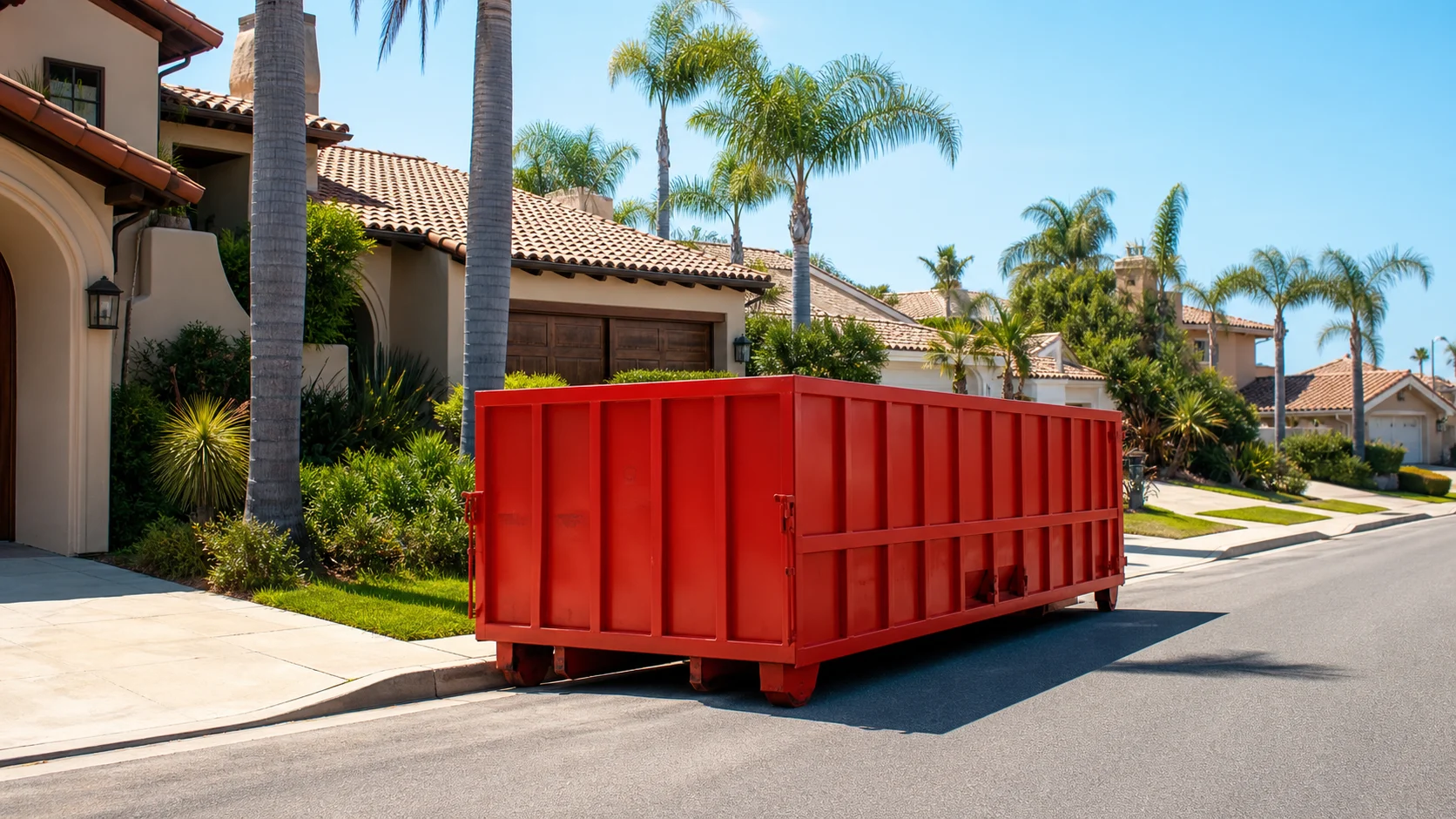 Red roll-off dumpster placed in a sunny San Diego neighborhood service area