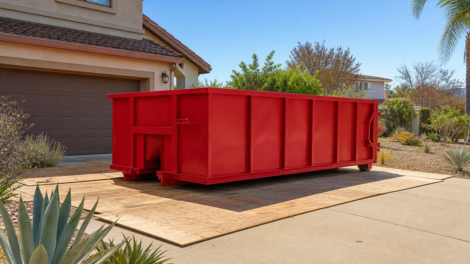 Red roll-off dumpster on driveway protection with a clear access path and overhead clearance