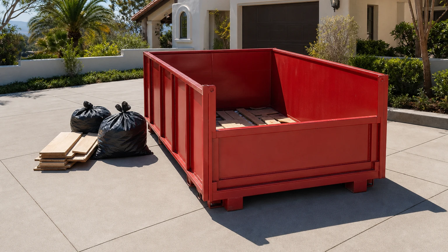 Red roll-off dumpster with a shallow accepted-material load, staged debris, and a clear pickup path