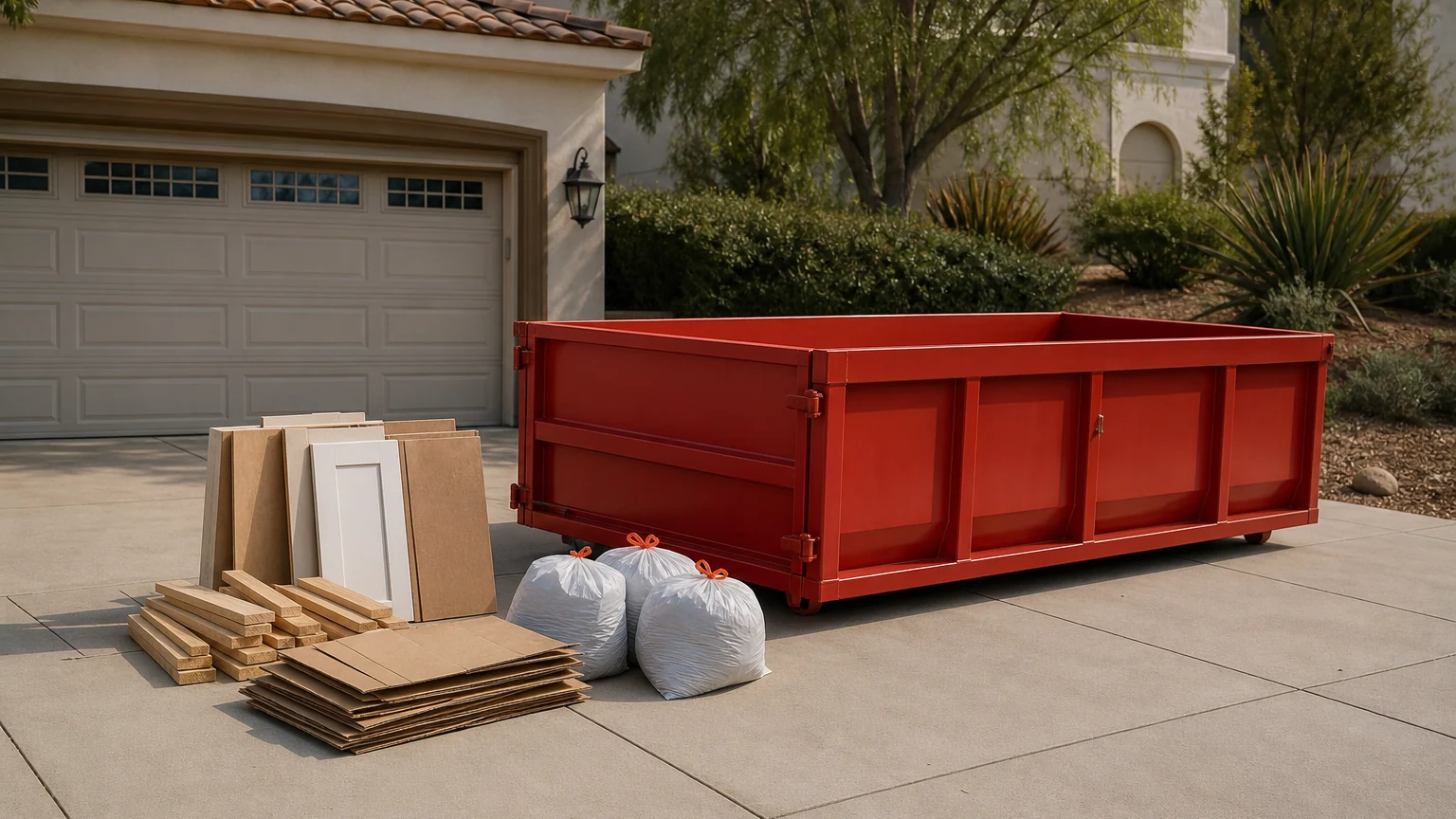Red roll-off dumpster beside staged boxes, boards, cabinet panels, and bagged debris for volume planning