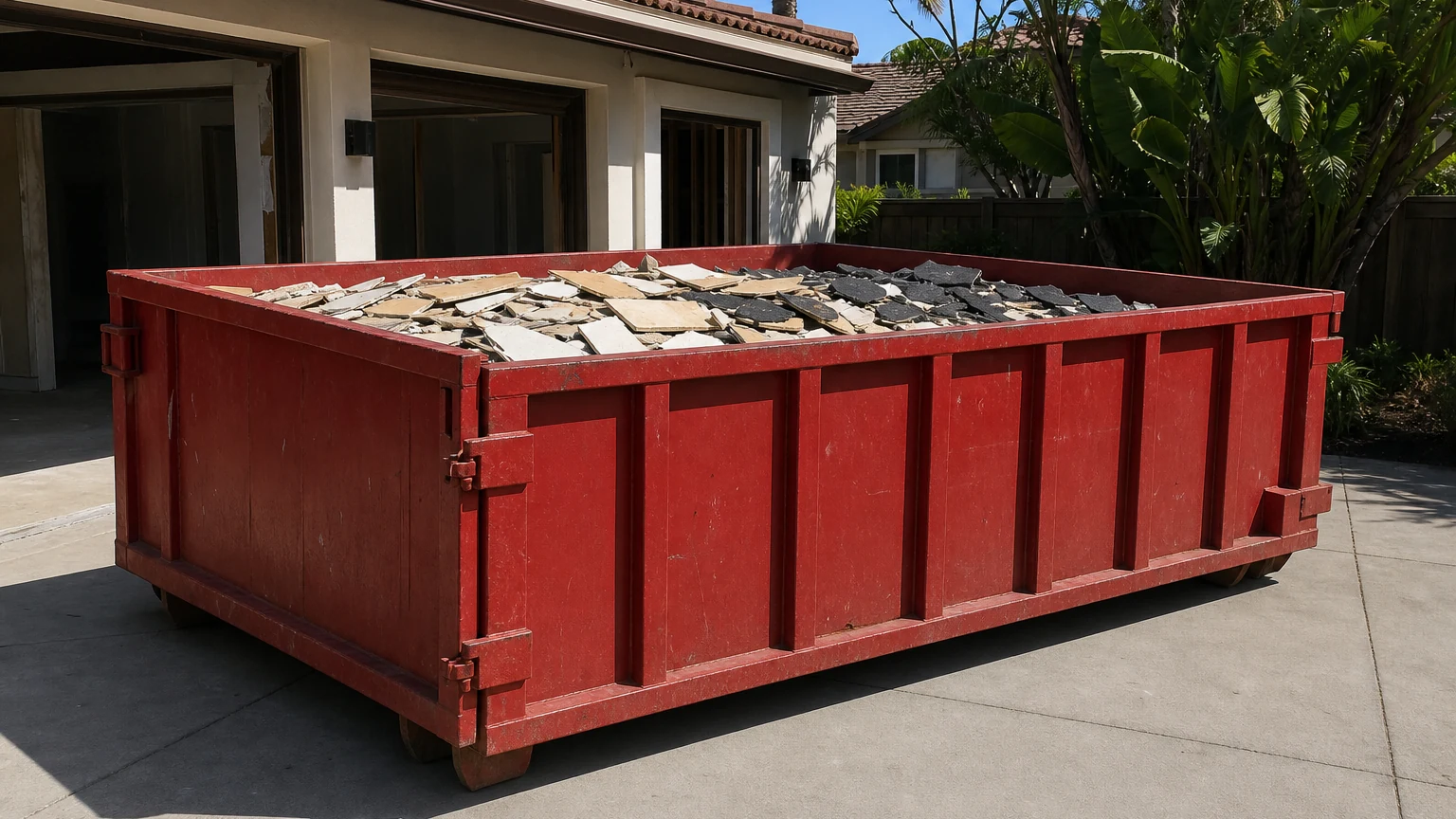 Red roll-off dumpster with dense remodel debris distributed below the top rim for weight planning