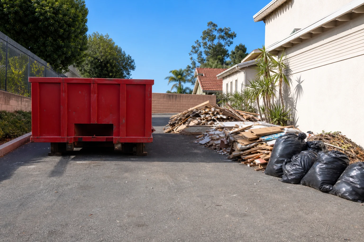Empty red dumpster with debris staged beside a wide unobstructed access lane