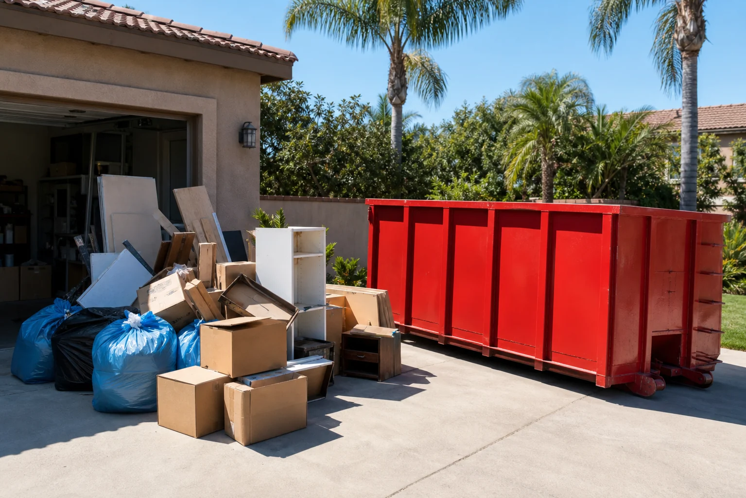 Red roll-off dumpster beside organized garage cleanout debris including boxes bags and household items