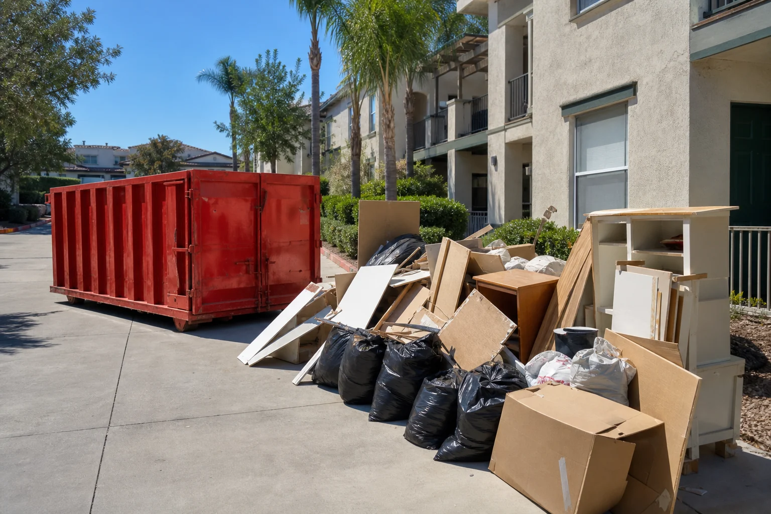 Red roll-off dumpster beside move-out and property turnover debris at a San Diego apartment property