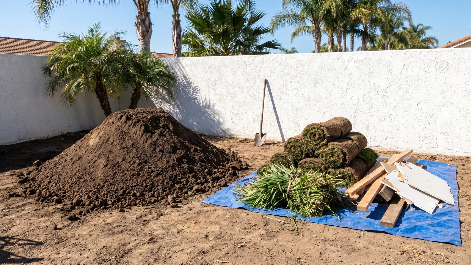 Clean dirt pile kept separate from sod, plant trimmings, scrap wood, and drywall