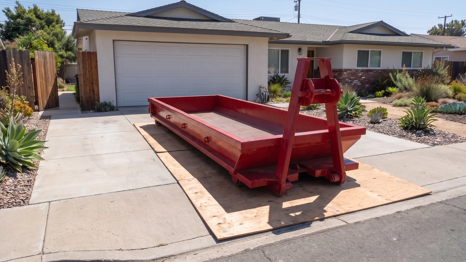 Empty red 10 yard lowboy dumpster on plywood boards in a San Diego driveway