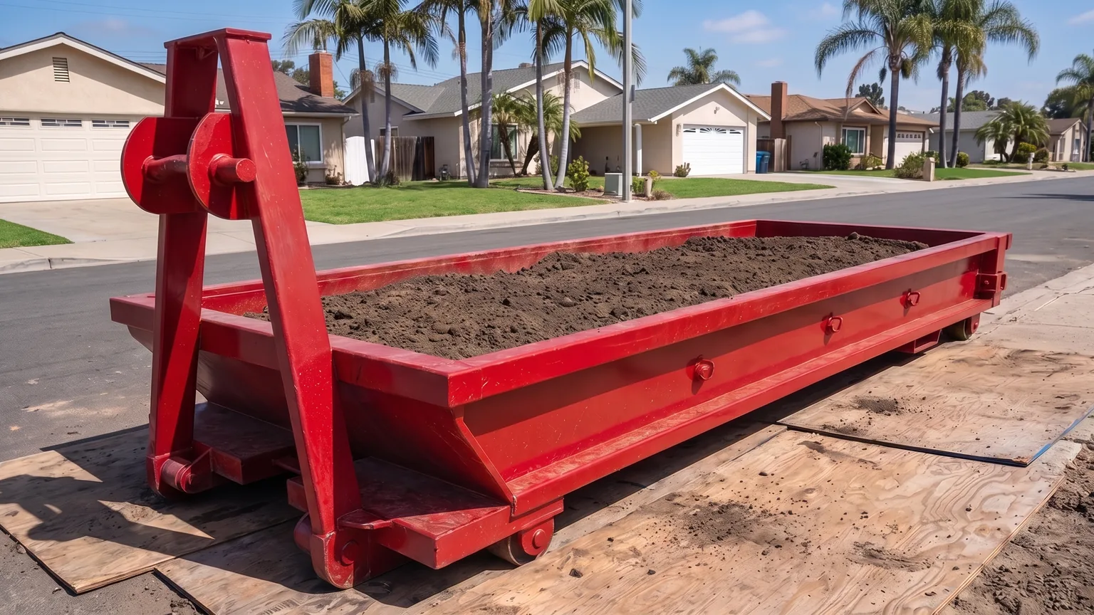 Red 10 yard lowboy dumpster loaded with clean dirt kept below the top rim