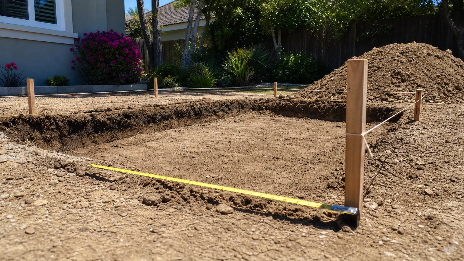 Wood stakes, string, and a tape measure outlining a rectangular soil excavation for volume planning
