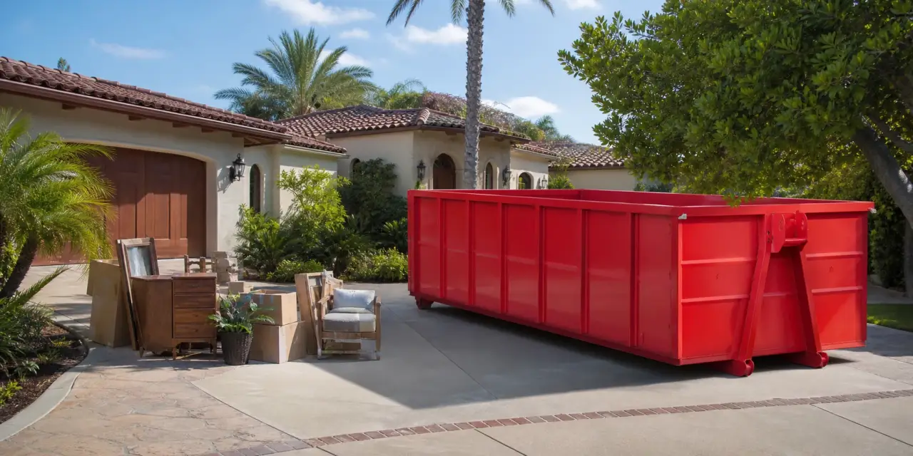 Red roll-off dumpster placed on a residential driveway