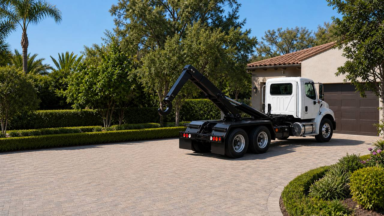 Haul'n Off hook-lift truck positioned on a driveway