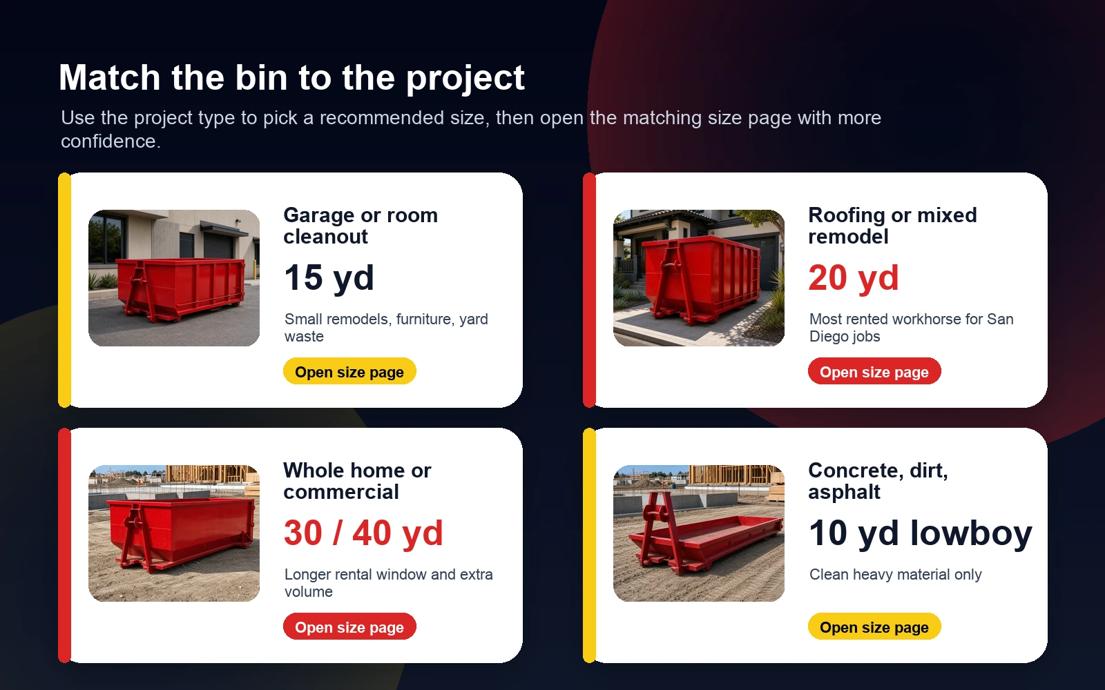 Project type chooser matching cleanouts, remodel debris, commercial jobs, and heavy material to dumpster sizes