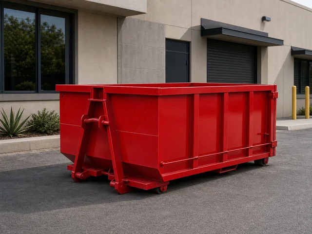 Plain red 15 yard dumpster